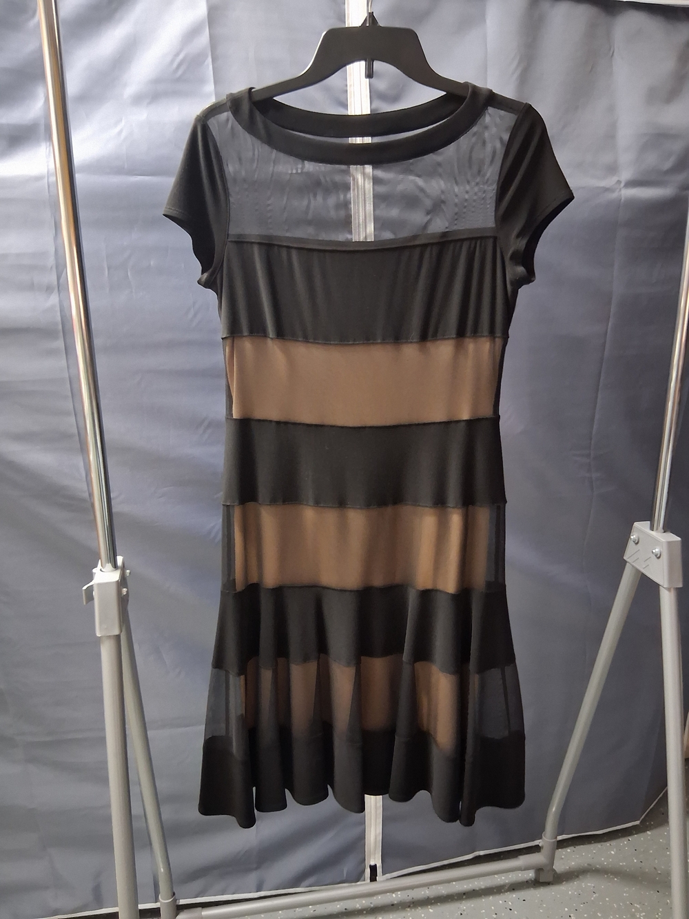 Joseph Ribkoff Black and Brown Striped Mesh A-Line Mini Dress